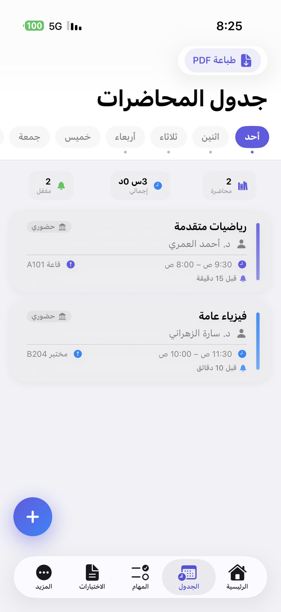 جدول المحاضرات الأسبوعي